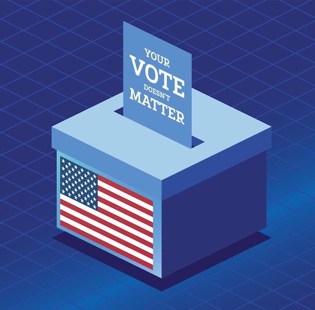 Boleta isométrica insertada en una urna con la bandera de los Estados Unidos La boleta tiene el mensaje Su voto no importa Objetos en fondo azul