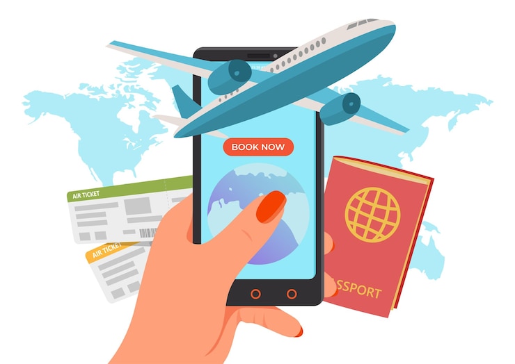 Vector boleto para el avión en la aplicación de internet en línea reserva web de ilustración de vector de viaje móvil
