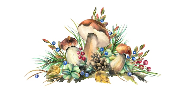 Boleto de bosque de setas con hierba, arándanos, musgo y cono Ilustración de acuarela dibujada a mano