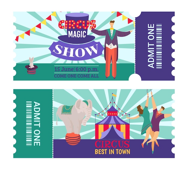 Boleto para espectáculo de circo, concepto de entretenimiento, ilustración vectorial. Diseño gráfico vintage con carpa de carnaval, invitación retro con carácter de acróbatas hombre mujer. Evento de diversión divertido en el juego de cartas.