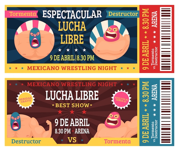 Vector boleto lucha libre. luchadores mexicanos en máscaras plantilla de diseño de anuncio de luchador luchador marcial