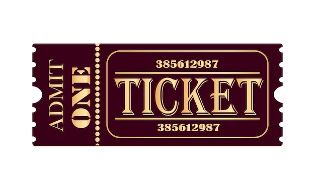 Boleto púrpura oscuro con letras doradas en un antiguo estilo vintage Teatro de cine Circo Casino