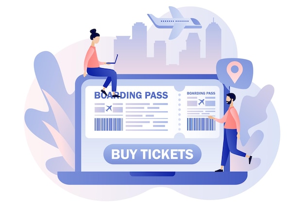Boleto de tarjeta de embarque de la aerolínea en el sitio web de la computadora portátil Personas diminutas que reservan vuelos viajan en línea