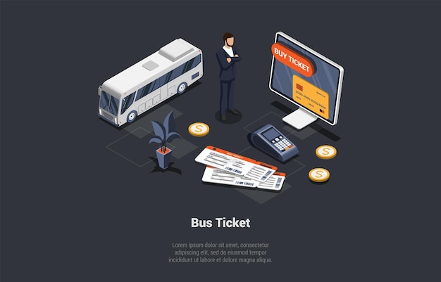 Boletos en línea Comprar aplicación y concepto de transporte público Hombre Personaje masculino Esperando el autobús Comprar boletos en línea En el autobús de la ciudad En la parada de autobús Horario del autobús de la ciudad Dibujos animados isométricos 3d Vector Ilustración