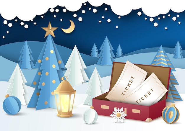 Boletos de viaje en caja, árbol de navidad decorado con bolas, paisaje de bosque de noche de invierno, ilustración vectorial en estilo de arte de papel. gira navideña, vacaciones de invierno.