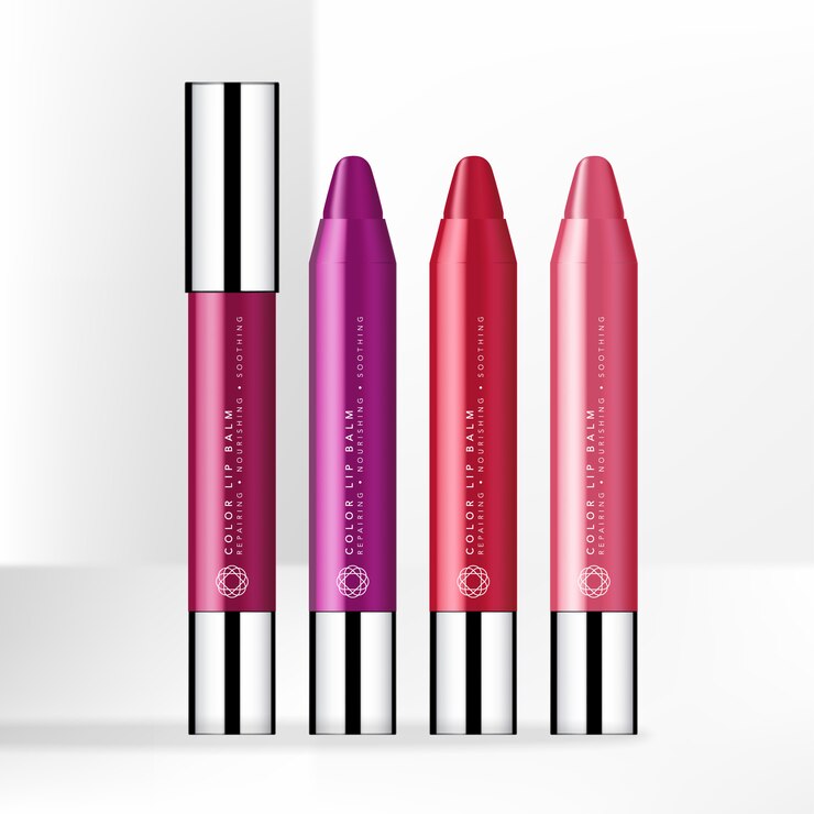 Bolígrafo bálsamo labial de color moderno con tapa plateada brillante