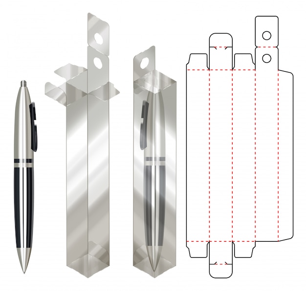 Vector bolígrafo caja de embalaje plantilla troquelada. 3d