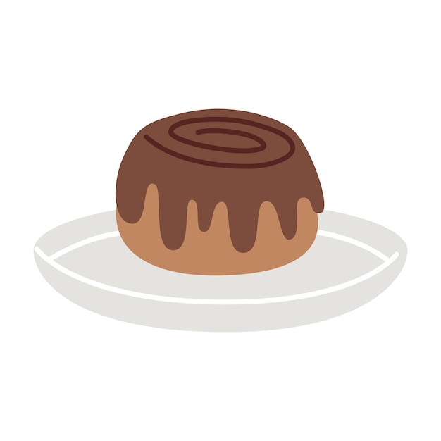 Vector bollo cubierto de chocolate en un plato de pastelería dulce de cinnabon ilustración dibujada a mano aislada en