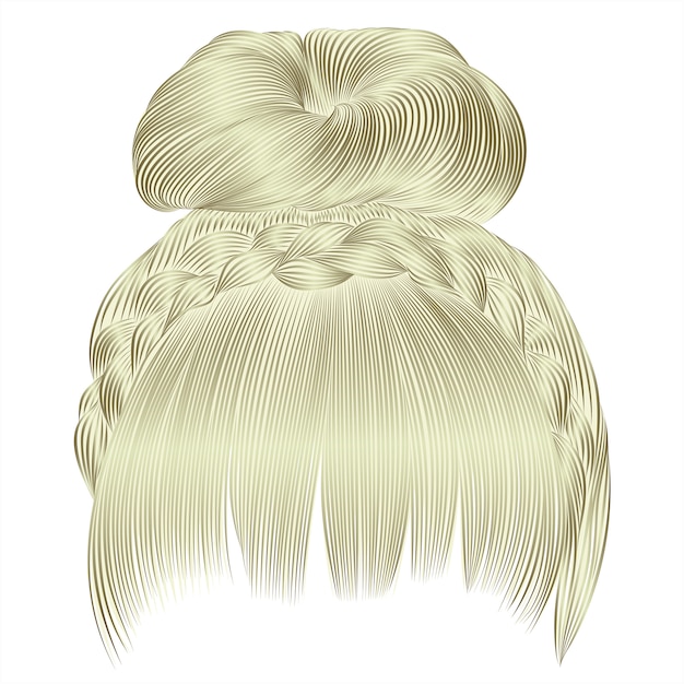 Bollo con trenza y flecos. pelos rubios de colores claros. estilo de belleza de moda femenina.