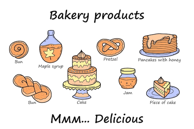 Bollos dibujados a mano, elementos de panadería para hornear, deliciosos pasteles y tortas, un boceto simple