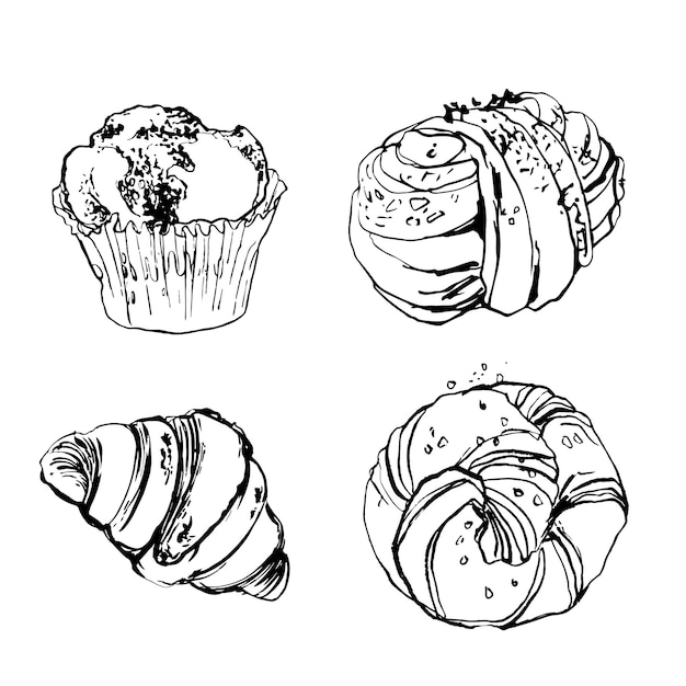 Bolos de pastelería desayuno dibujo de tinta negra sobre un fondo blanco