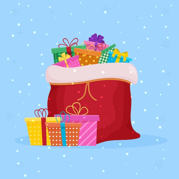 Bolsa abierta de Navidad de Santa Claus con regalos.