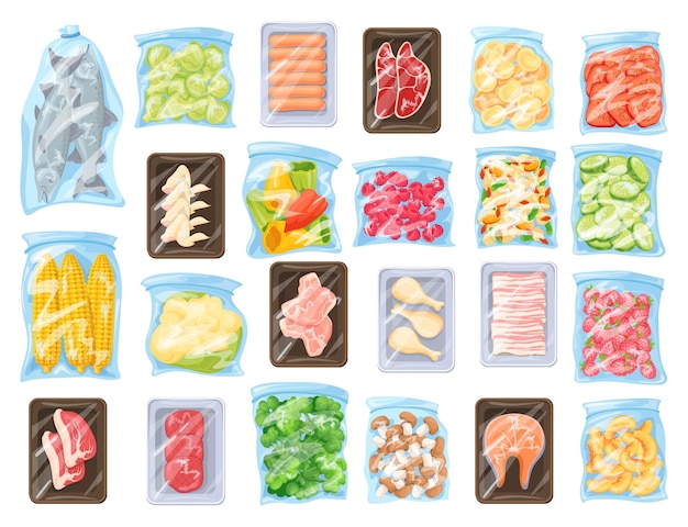 Bolsa de alimentos congelados Productos de conservación congelados en bolsas de polietileno de plástico del refrigerador o congelador del supermercado Envases de hielo de carne, frutas y verduras Ilustración vectorial ordenada de dibujos animados