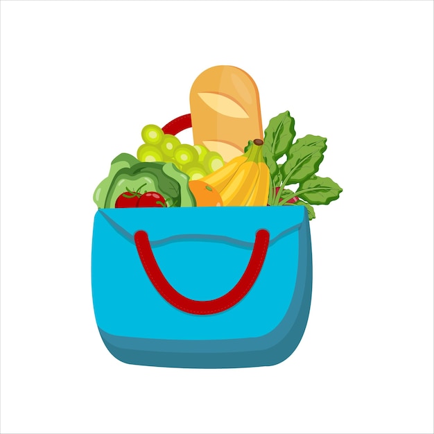 Bolsa azul con un conjunto de productos alimenticios.