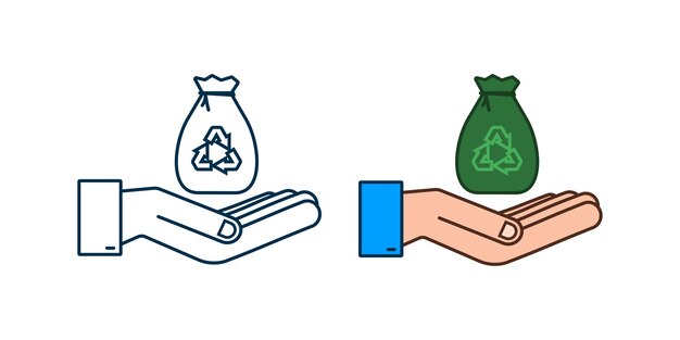 Bolsa de basura en el icono de las manos. Bolsa de basura. Ilustración de stock vectorial.