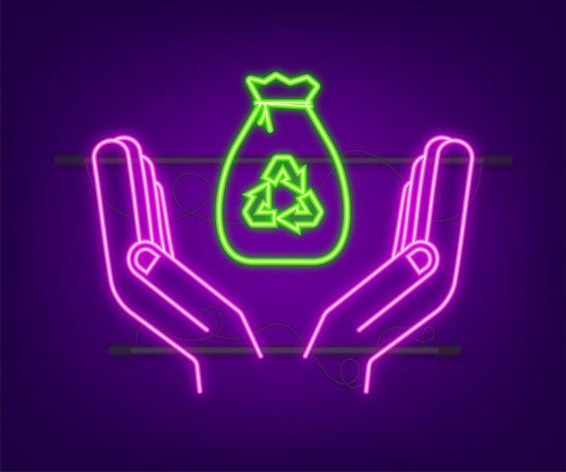 Bolsa de basura de neón en el icono de las manos. Bolsa de basura. Ilustración de stock vectorial.