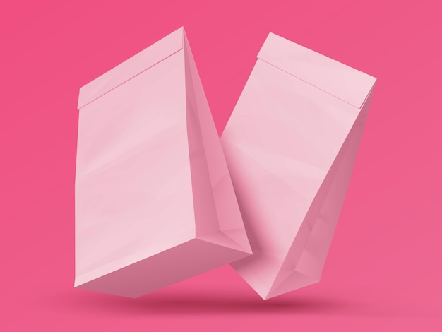Bolsa de bocadillos Sacos de papel en blanco realistas Paquetes cerrados de color rosa para productos alimenticios Paquetes artesanales para llevar con espacio de copia Envases reciclables ecológicos Maqueta vectorial para la marca