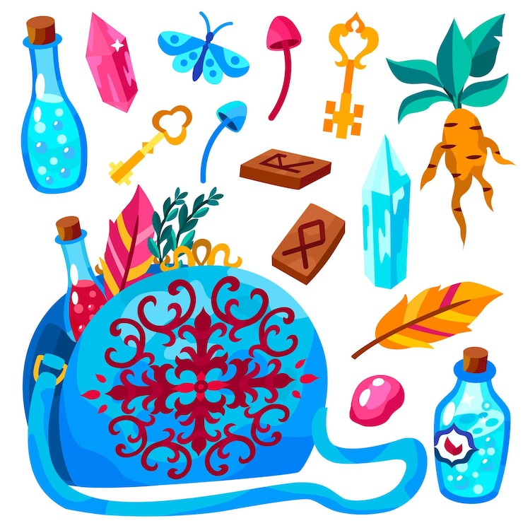 Vector bolsa de brujas artículos de brujería set de ilustraciones vectoriales mágicas diseño plano
