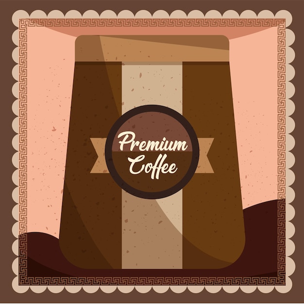 Bolsa de café premium coloreada con una etiqueta de calidad premium Vector