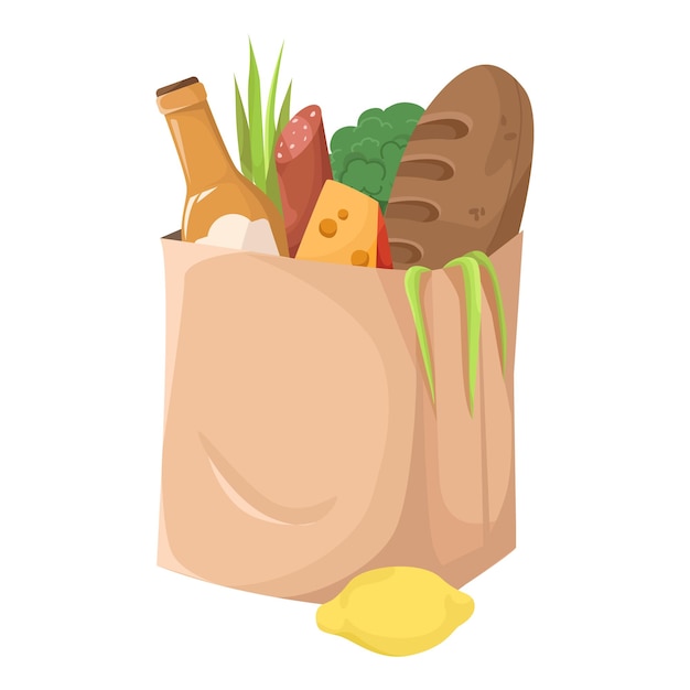 Bolsa de comestibles con alimentos, incluido el pan, el queso y las verduras Ilustración vectorial
