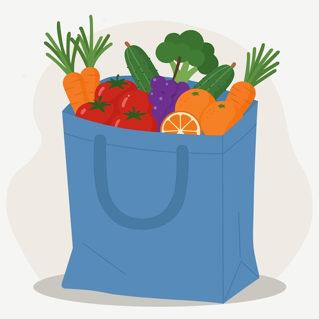 Bolsa de comestibles azul llena de frutas y verduras frescas