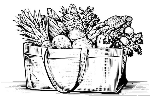 Vector bolsa de comestibles llena de frutas y verduras grabado boceto vector dibujado a mano ilustración