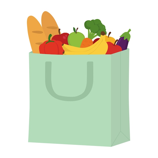 Una bolsa de comestibles llena de verduras y frutas frescas