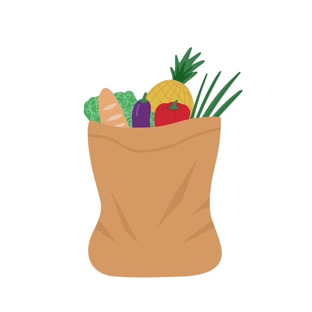 Bolsa de comestibles paquete de papel de alimentos con verduras Ilustración para imprimir fondos cubiertas embalaje tarjetas de felicitación pegatinas textil y diseño de temporada Aislado sobre fondo blanco