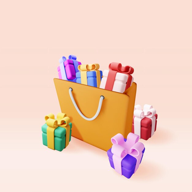 Bolsa de compras 3D con cajas de regalos aisladas