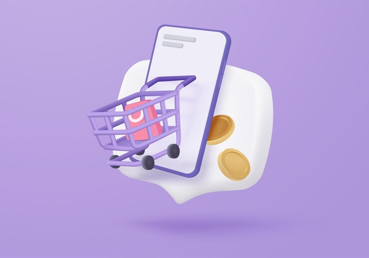 Vector bolsa de compras 3d para compras en línea y concepto de marketing digital icono de cesta minimalista con sombras en fondo púrpura bolsa de tiendas para compra promoción de descuento de venta ilustración de icono vectorial 3d