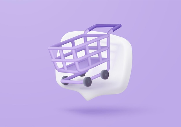 Bolsa de compras 3d para compras en línea y concepto de marketing digital Icono mínimo de cesta con sombras sobre fondo púrpura Bolsa de compras para comprar venta descuento promoción 3d vector icono ilustración