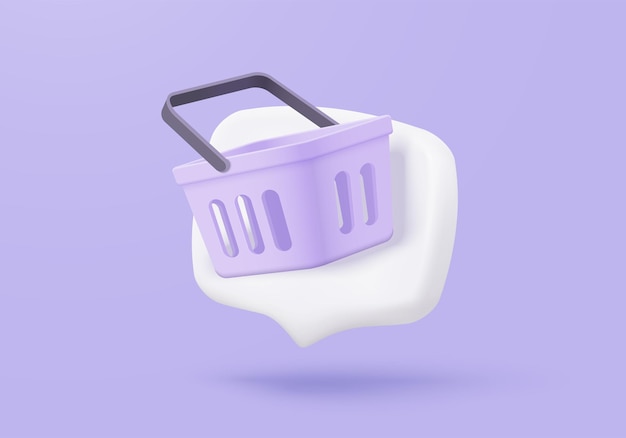 Bolsa de compras 3d para compras en línea y concepto de marketing digital Icono mínimo de cesta con sombras sobre fondo púrpura Bolsa de compras para comprar venta descuento promoción 3d vector icono ilustración