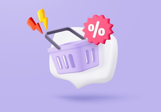 Bolsa de compras 3d para compras en línea y concepto de marketing digital Icono mínimo de cesta con sombras sobre fondo púrpura Bolsa de compras para comprar venta descuento promoción 3d vector icono ilustración