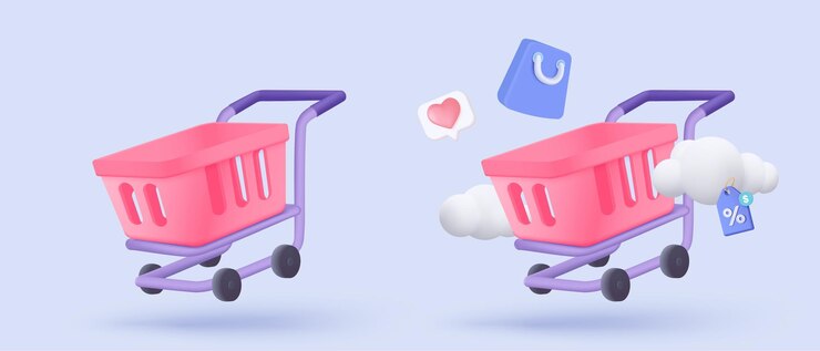 Vector bolsa de compras 3d para compras en línea y concepto de marketing digital icono mínimo de cesta con sombras sobre fondo púrpura bolsa de compras para comprar venta descuento promoción 3d vector icono ilustración