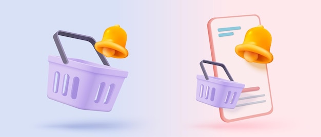 Bolsa de compras 3d para compras en línea y concepto de marketing digital Icono mínimo de cesta con sombras sobre fondo púrpura Bolsa de compras para comprar venta descuento promoción 3d vector icono ilustración