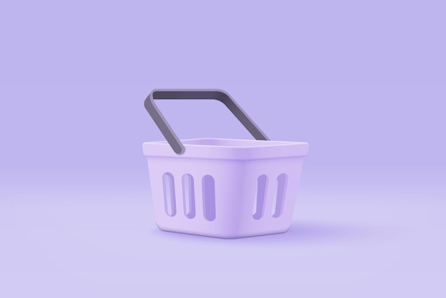 Bolsa de compras 3d para compras en línea y concepto de marketing digital Icono mínimo de cesta con sombras sobre fondo púrpura Bolsa de compras para comprar venta descuento promoción 3d vector icono ilustración