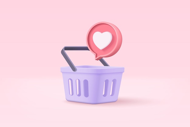 Bolsa de compras 3d para compras en línea y concepto de marketing digital Icono mínimo de cesta con sombras sobre fondo rosa Bolsa de compras para comprar venta promoción de descuento ilustración de icono de vector 3d