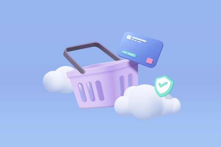 Vector bolsa de compras 3d para compras en línea y concepto seguro de tarjeta de crédito icono de cesta con sombras en el fondo de la nube de cielo azul bolsa de compras para la promoción de descuento de venta de compra ilustración de icono de vector 3d