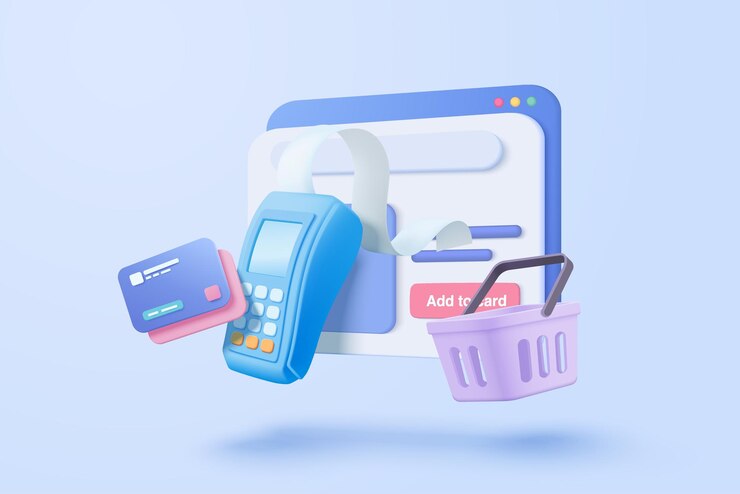 Vector bolsa de compras 3d para compras en línea y concepto seguro de tarjeta de crédito icono de cesta con sombras sobre fondo de cielo azul bolsa de compras para comprar venta descuento promoción 3d vector icono ilustración