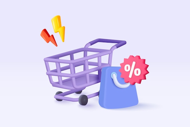 Bolsa de compras 3D con etiquetas de precios para compras en línea y concepto de marketing digital Cesta y etiqueta de promoción en fondo púrpura Bolsa de tiendas para comprar descuento de venta Ilustración de icono vectorial 3D