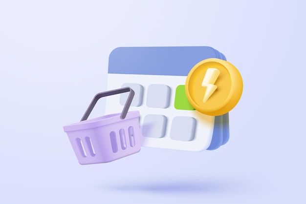 Bolsa de compras 3D con etiquetas de precios para compras en línea y concepto de marketing digital Cesta y etiqueta de promoción en fondo púrpura Bolsa de tiendas para comprar descuento de venta Ilustración de icono vectorial 3D