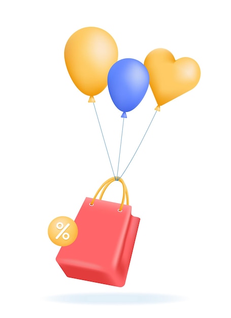 Bolsa de compras 3d con globos y signo de porcentaje de descuento Venta descuentos concepto de compras