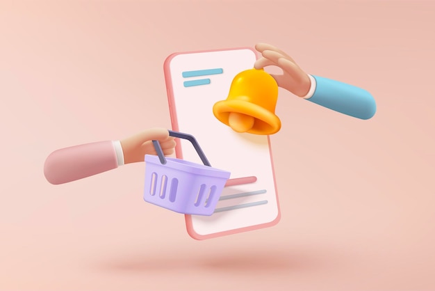Bolsa de compras 3d con icono de campana y notificación de burbuja push concepto en línea Alerta de cesta para promoción de descuento Bolsa de compras para compra y venta icono de vector de alarma de campana 3d render ilustración