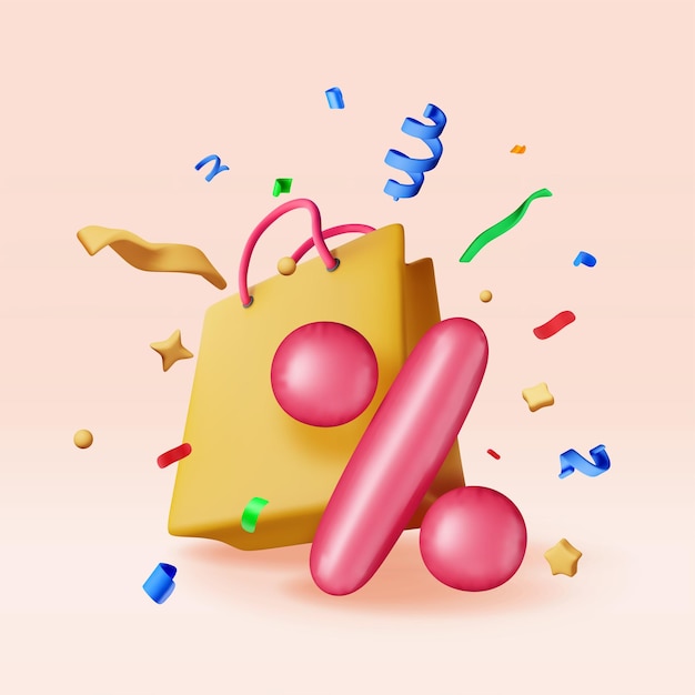 Bolsa de compras 3D con signo de porcentaje en confeti