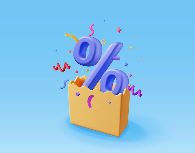 Bolsa de compras 3D con signo de porcentaje Isolada