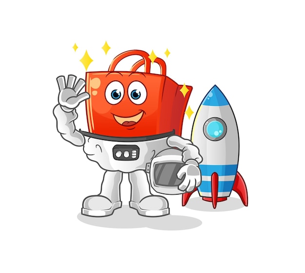 Bolsa de compras astronauta saludando personaje. vector de mascota de dibujos animados