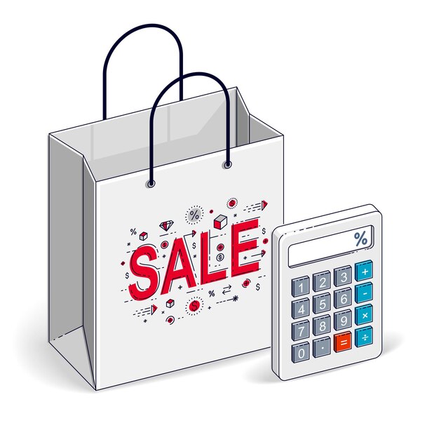 Bolsa de compras con calculadora, gran venta, venta, venta al por menor, descuento de Black Friday, bolsa de papel ecológica aislada en fondo blanco. Ilustración isométrica vectorial 3d, diseño de línea delgada.