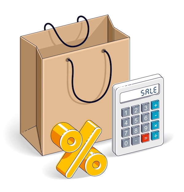 Bolsa de compras con calculadora y símbolo de porcentaje, gran venta, liquidación, venta al por menor, descuento del viernes negro, bolsa de papel ecológica aislada sobre fondo blanco. Vector ilustración isométrica 3d, diseño de línea fina.