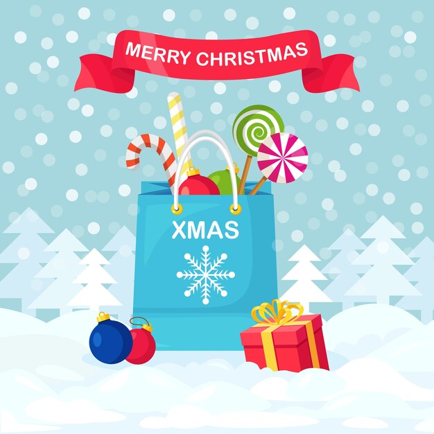 Bolsa de compras con caramelos, piruletas, bolas navideñas, cajas de regalo. Navidad, venta de año nuevo