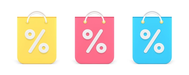 Bolsa de compras por ciento paquete de papel venta descuento liquidación oferta especial conjunto de iconos 3D vector
